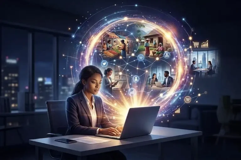 A businesswoman analyzing an infographic of traditional and digital marketing channels, showing a pathway to business victory